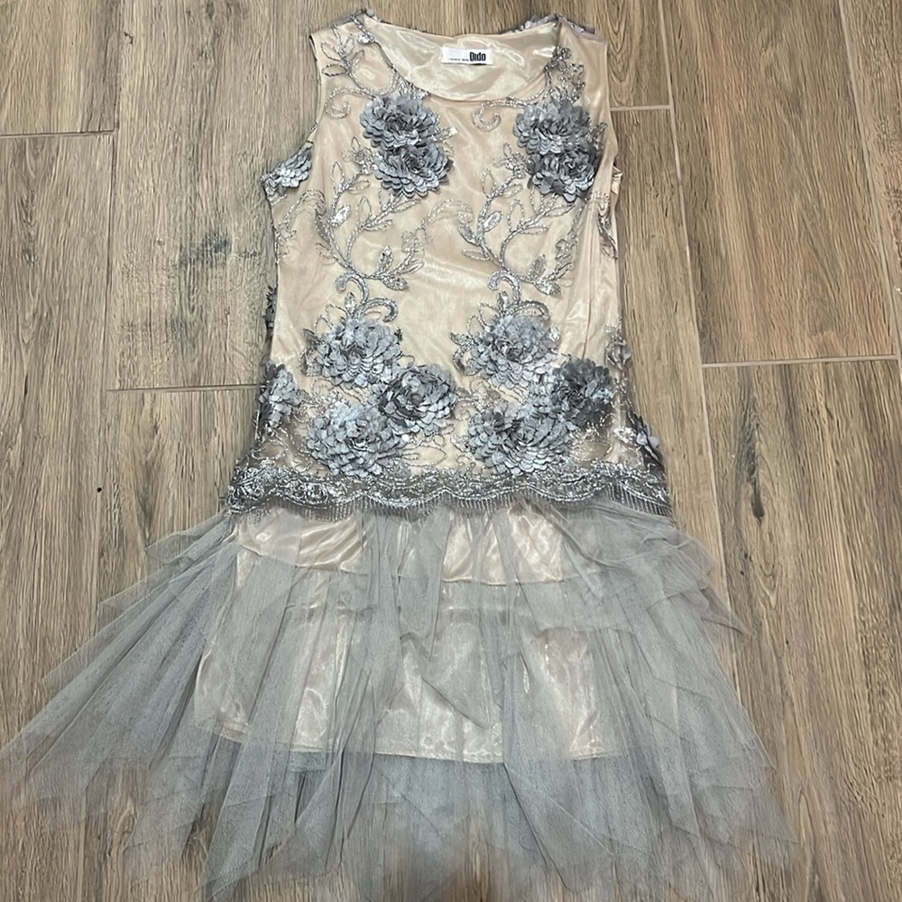Embroidered Dress Mini Gown Silver Tulle Formal Dance Holiday Party New Years - Picture 10 of 13